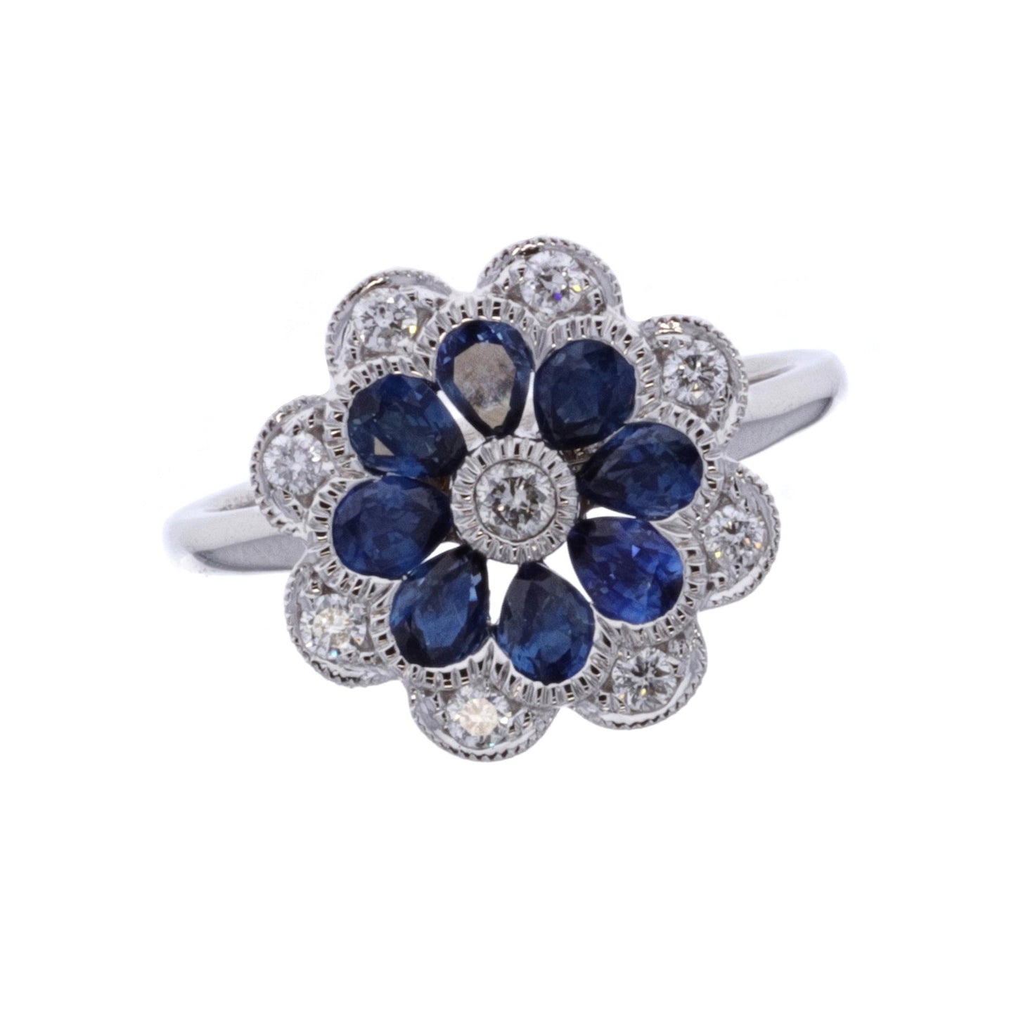 18KT White Gold Sapphire and 0.28ctw Diamond Estate Flower Ring size 7.5