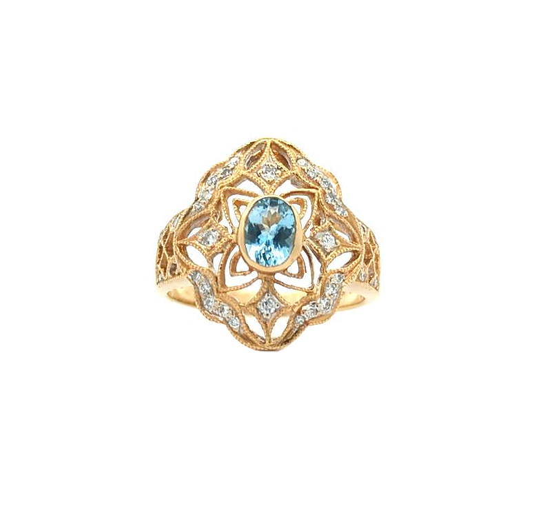 18KT Yellow Gold Natural Aquamarine and 0.15ctw Diamond Estate Ring size 7.25