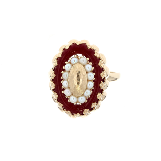 14KT Yellow Gold Cultured Pearl and Natural Red Coral Estate Ring size 7.75