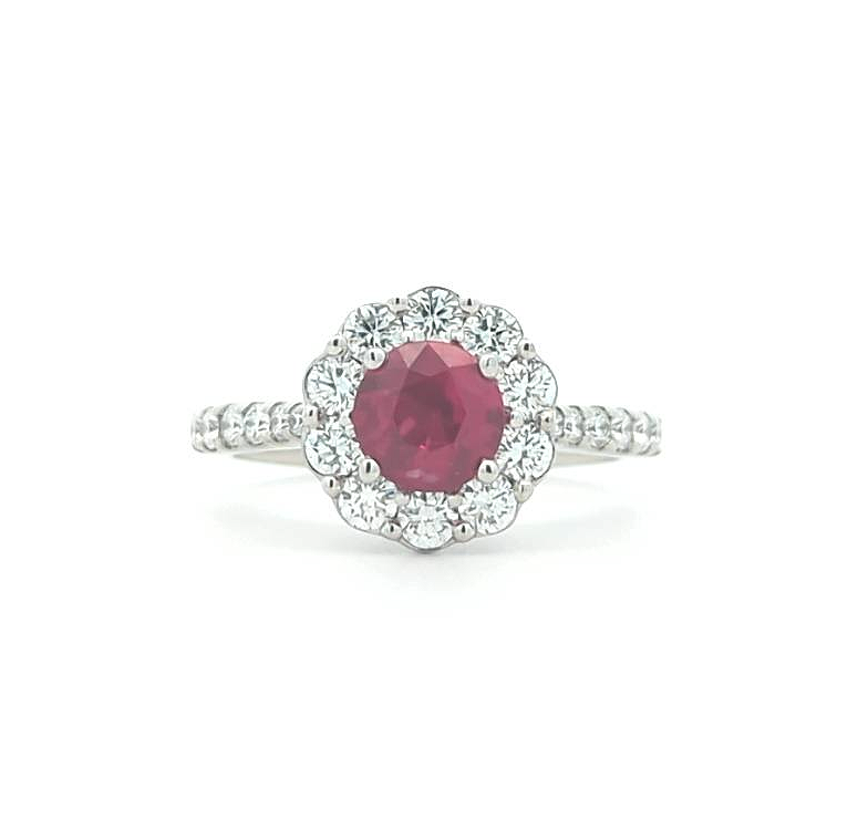 18KT White Gold Natural Ruby and 0.7ctw Diamond Simon G" Estate Ring size 6.5