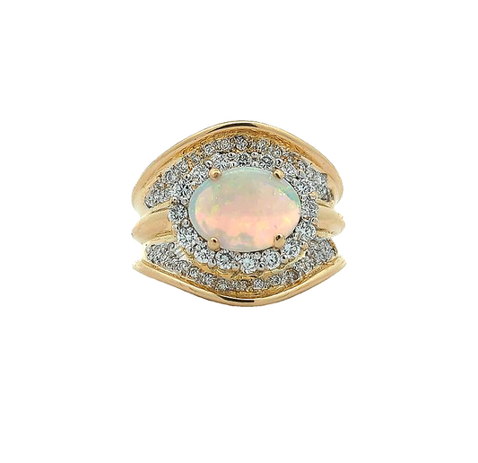 18KT Yellow Gold White Opal and 0.80ctw Diamond Estate Ring size 9