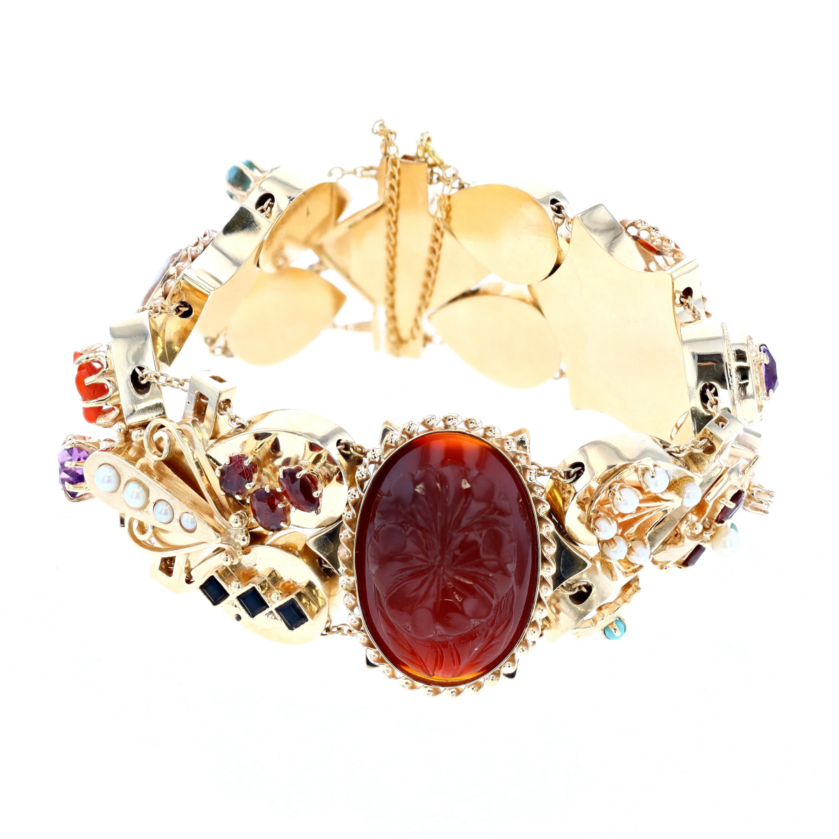 14KT Yellow Gold Coloured Stones, Pearl and Cameo 7.5" Estate Bracelet