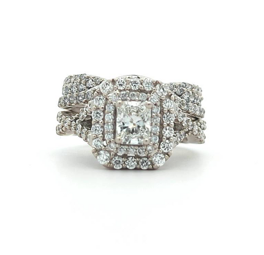 14KT White Gold 1.59ctw Diamond Estate Engagement Ring & Matching Band size 5