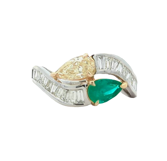 14KT Yellow Gold and Platinum Natural Emerald and 1.23ctw Diamond Estate Ring size 7