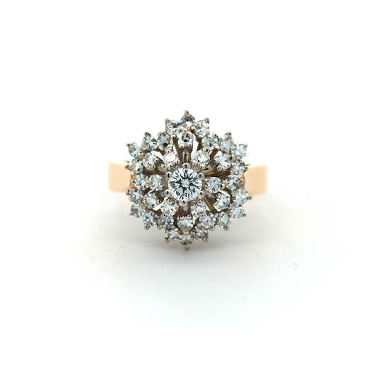 14KT Yellow and White Gold 0.85ctw Diamond Estate Cluster Ring size 6.75