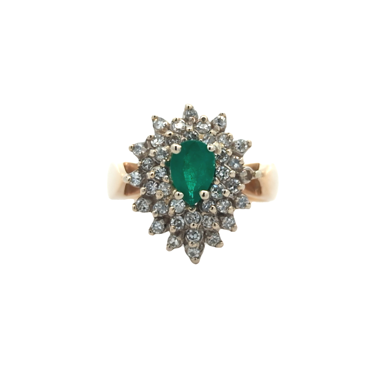14KT Yellow and White Gold Natural Emerald and 0.32ctw Diamond Estate Cluster Ring size 6.25
