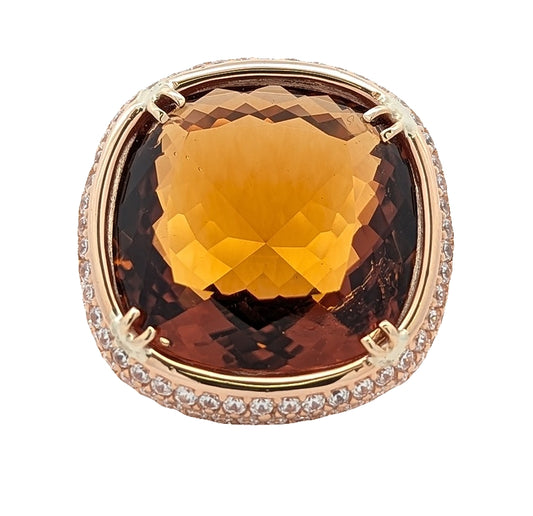 18KT Yellow Gold Natural Citrine and CZ Estate Cocktail Ring size 7.5