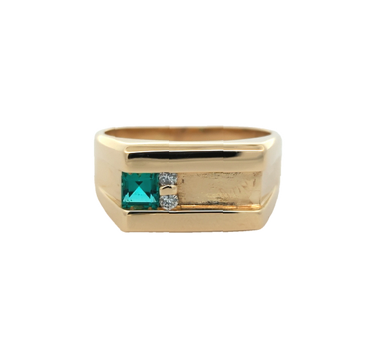 14KT Yellow Gold Lab Grown Emerald and 0.07ctw Diamond Estate Ring size 9.5