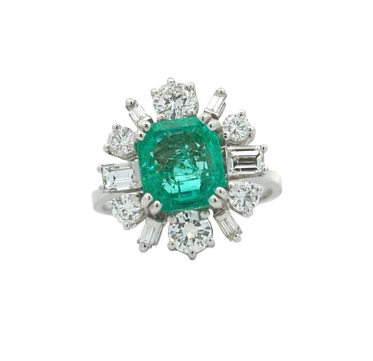 18KT White Gold Natural Emerald and 1.34ctw Diamond Estate Ring size 8