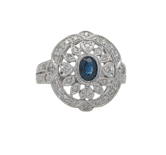 14KT White Gold Natural Blue Sapphire and 0.21ctw Diamond Estate Ring size 7