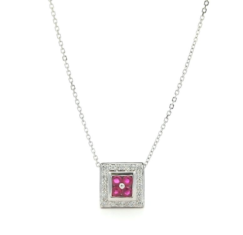 14KT White Gold Natural Ruby and 0.08ctw Diamond 16" Estate Necklace