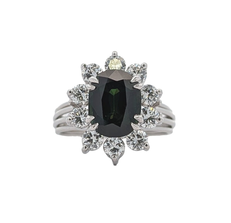 Platinum Natural Green Sapphire and 1.17ctw Diamond Estate Ring size 7.5
