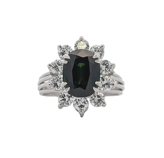 Platinum Natural Green Sapphire and 1.17ctw Diamond Estate Ring size 7.5