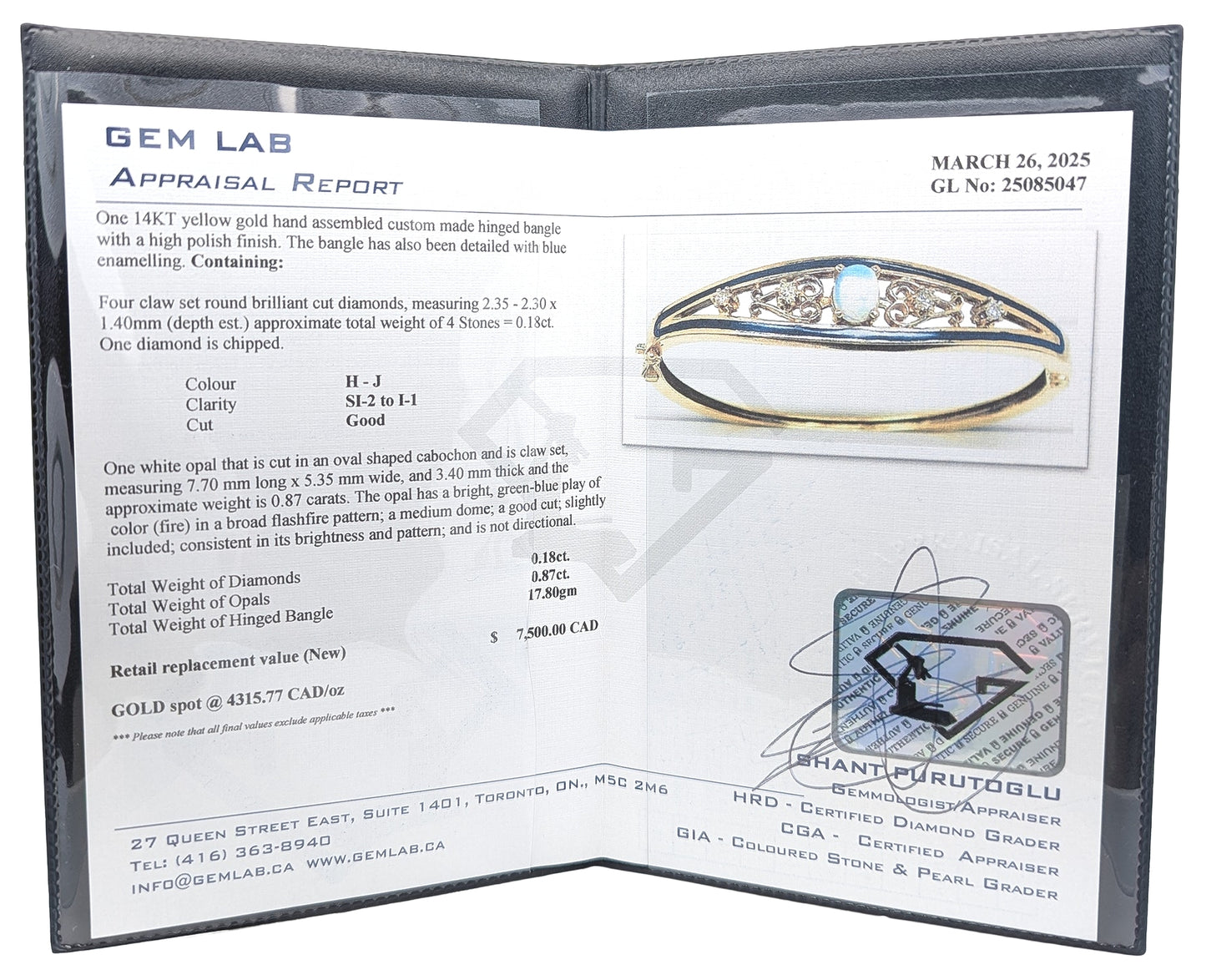 14KT Yellow Gold Opal and 0.18ctw Diamond Hinged Estate Bangle
