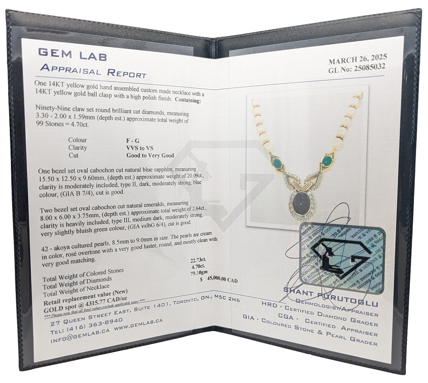 14KT Yellow Gold Nautral Blue Sapphire, Emerald, Pearl and 4.70ctw Diamond Estate Necklace