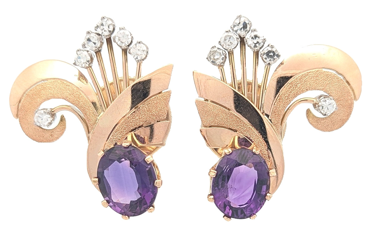 18KT Yellow Gold Natural Amethyst and 0.63ctw Diamond Estate Earrings