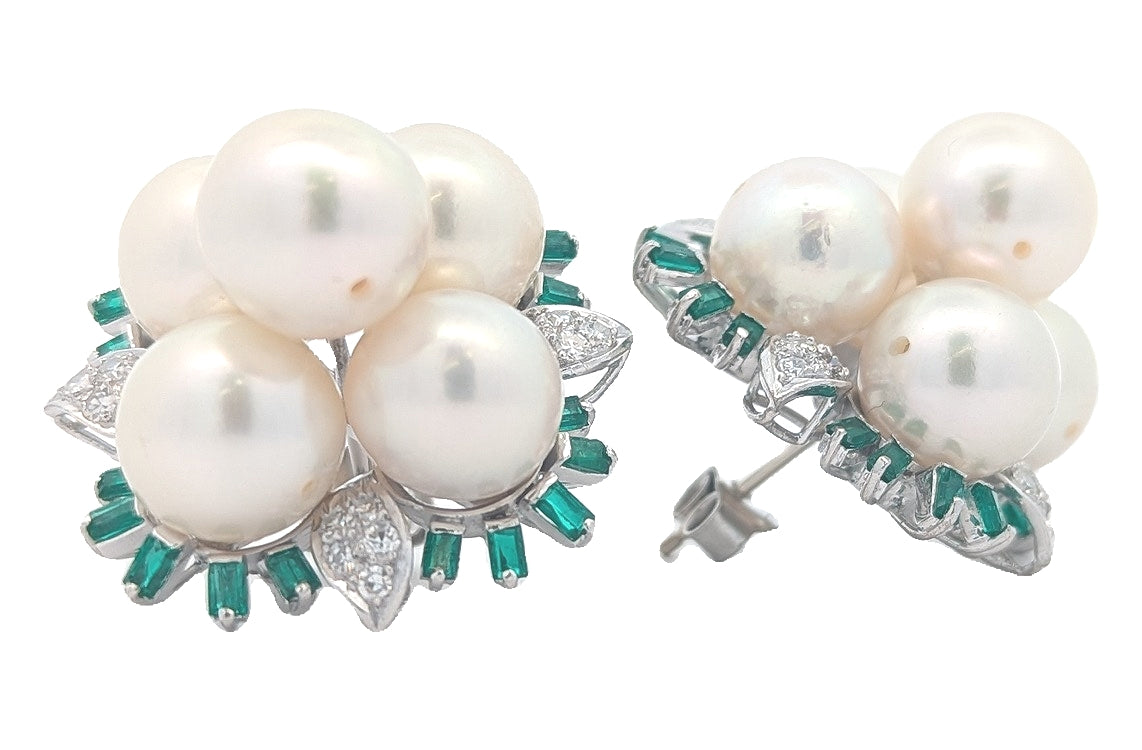 18KT White Gold Cultured Pearl, Natural Emerald and 0.66ctw Diamond Estate Stud Earrings
