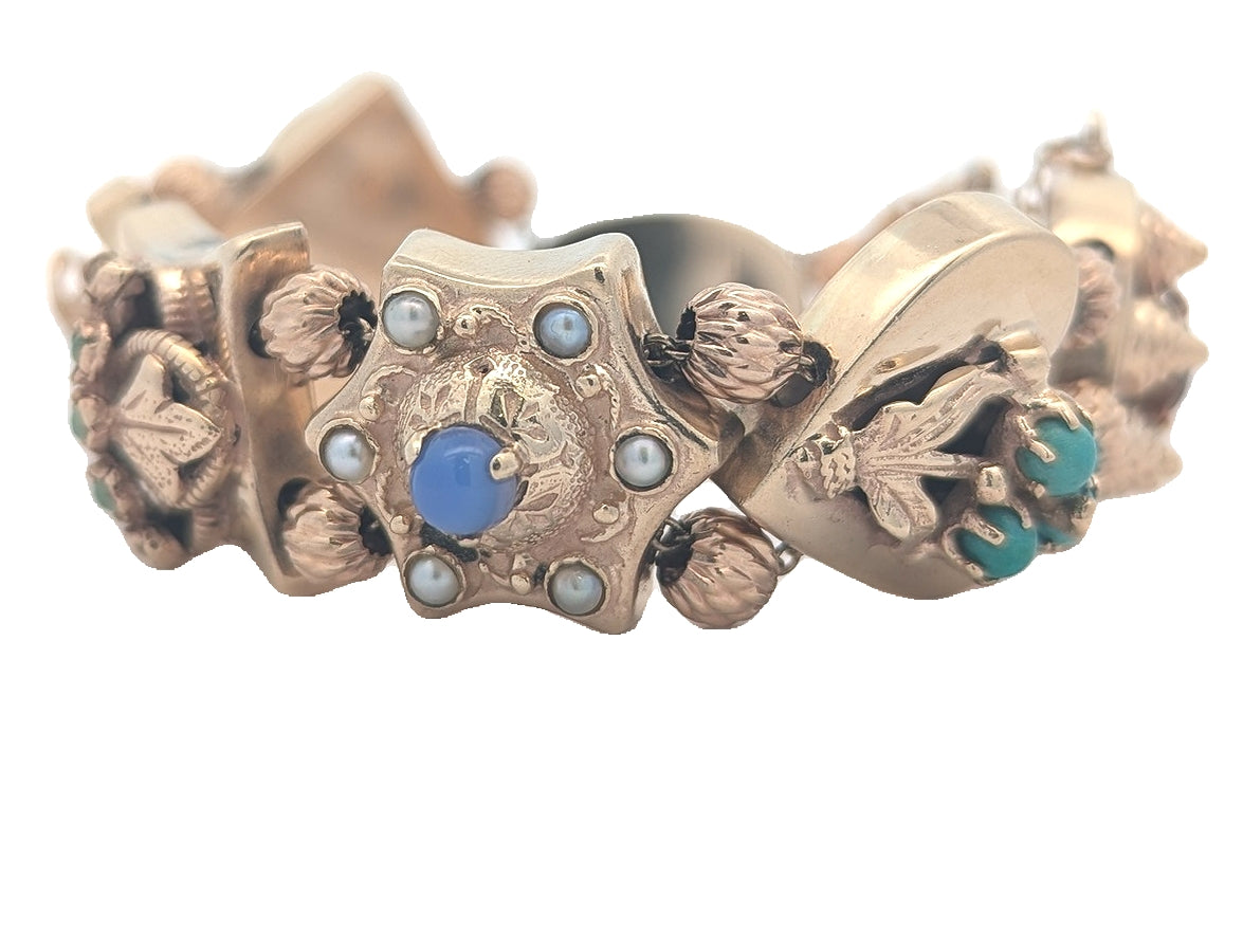 14KT Yellow Gold Natural Amethyst, Almandite Garnet, Opal, Citrine, Blue Sapphire, Jadeite and Pearl 7" Estate Bracelet