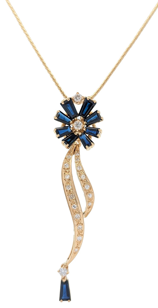 18KT Yellow Gold Nautral Blue Sapphire and 0.49ctw Diamond Estate 18" Necklace