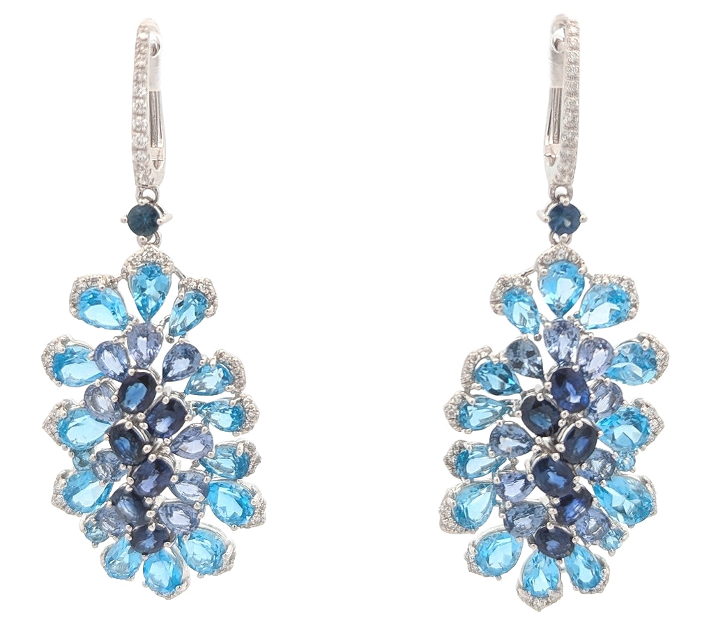 18K White Gold 0.30ctw Diamond Sapphire Blue Topaz Estate Dangle Earrings