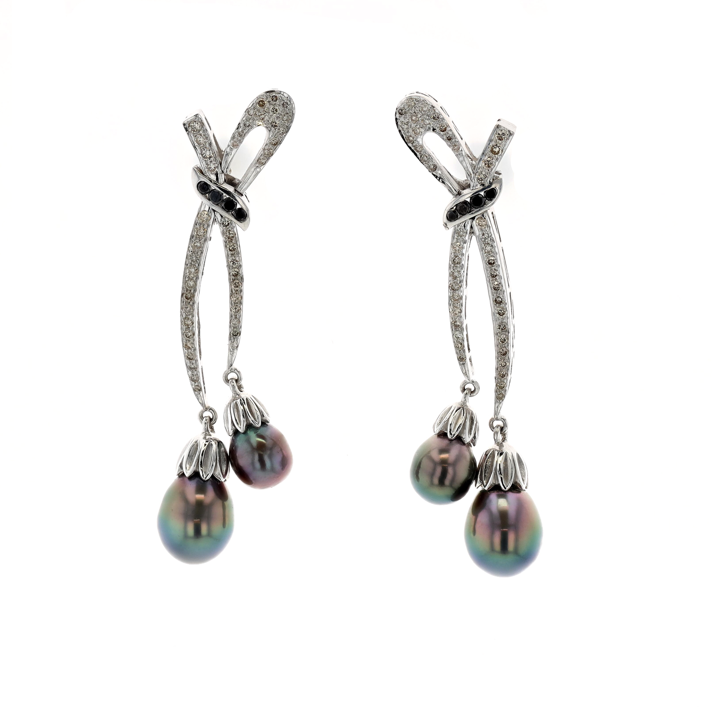 18KT White Gold Tahitian Pearl and 1.20ctw Diamond Estate Drop Earrings