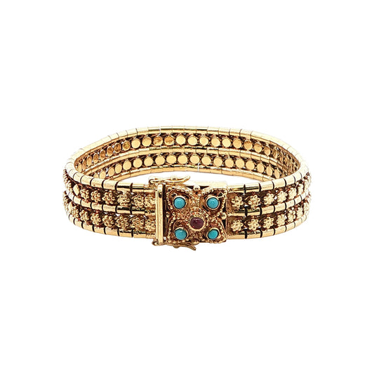 14KT Yellow Gold Natural Turquoise and Natural Ruby 6 Estate Bracelet