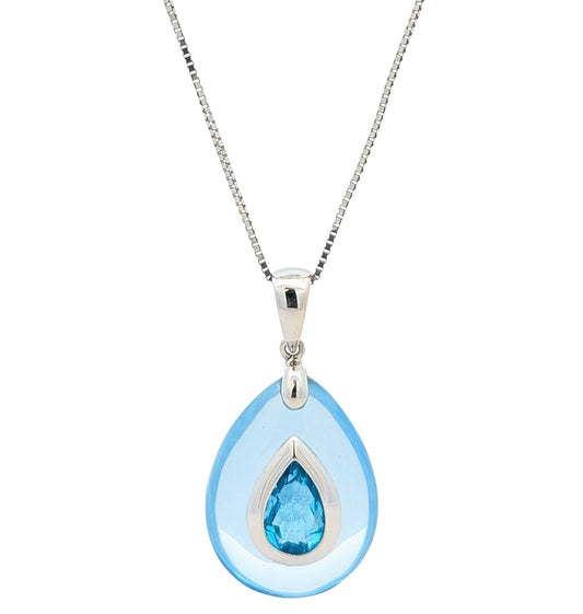 14KT White Gold Natural Blue Topaz and Blue Quartz 18 Estate Necklace