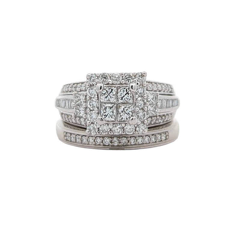 14KT White Gold 1.17ctw Diamond Estate Engagement Ring & Matching Band Size 5.5