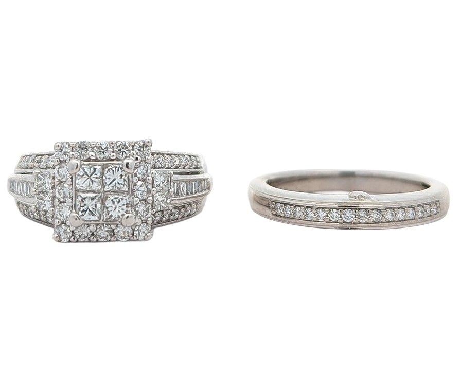 14KT White Gold 1.17ctw Diamond Estate Engagement Ring & Matching Band Size 5.5