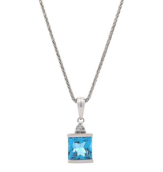 10KT White Gold Blue Topaz and Diamond Estate Necklace
