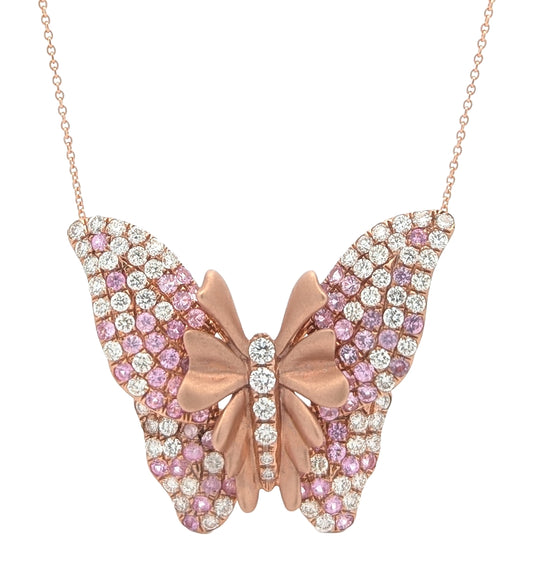14K Rose Gold Pink Sapphire 1.58ctw Diamond Butterfly Motif 13+2 Necklace