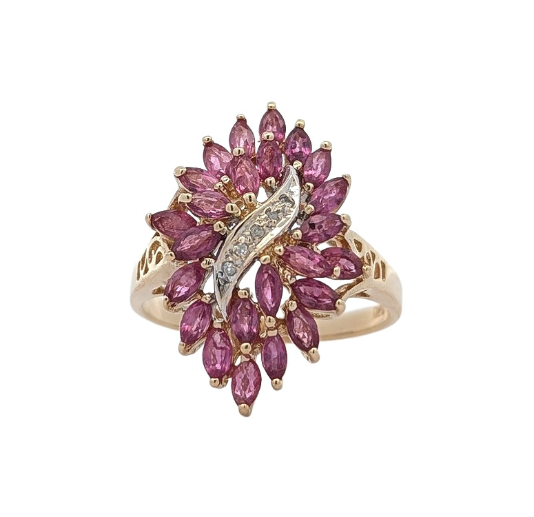 14KT Two-Tone Gold 0.02ctw Diamond Ruby Estate Cocktail Ring size 8