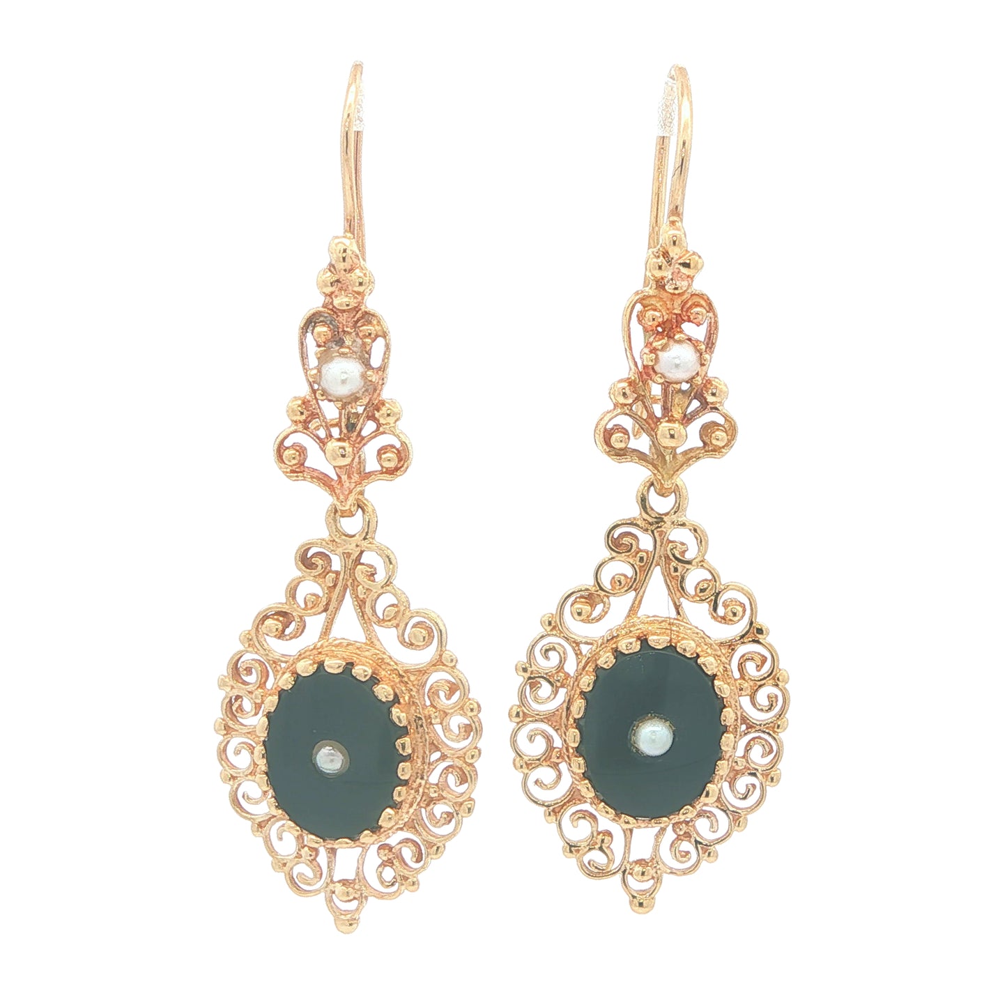10K Yellow Gold Onyx Pearl Dangle Earrings