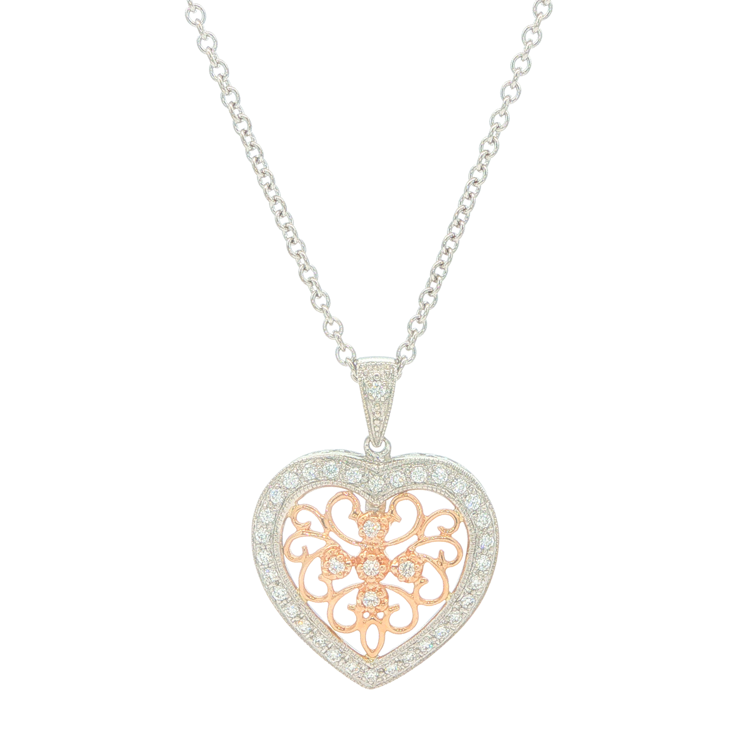 14KT White and Yellow Gold 0.25cttw Diamond Heart Shaped Estate Pendant and Rolo Link Chain 16