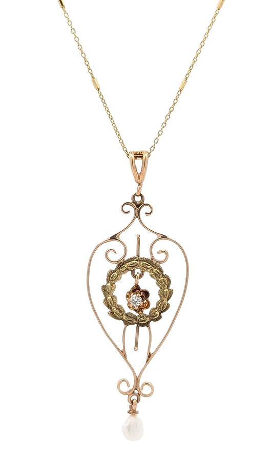 10-14KT Yellow Gold Pearl Drop 18" Estate Necklace