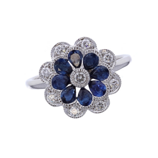 18KT White Gold Sapphire and 0.28ctw Diamond Estate Flower Ring size 7.5