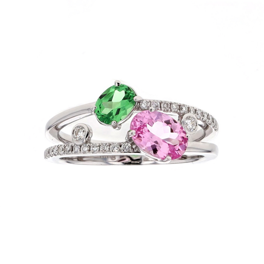 Simon G - 18KT White Gold Pink Spinel, Tsavorite, and 0.21ctw Diamond Ring size 6.5