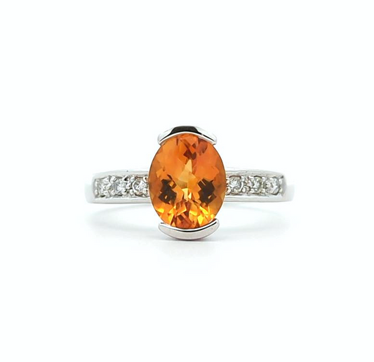 14KT White Gold Citrine and 0.10ctw Diamond Ring size 7.5