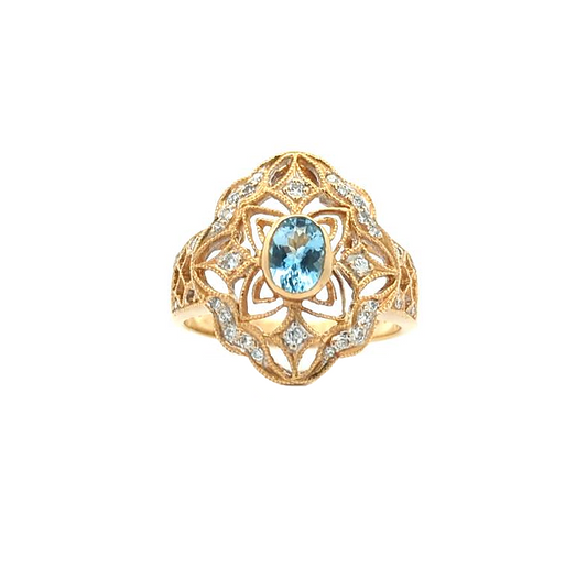 18KT Yellow Gold Natural Aquamarine and 0.15ctw Diamond Estate Ring size 7.25