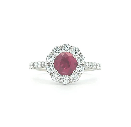 18KT White Gold Natural Ruby and 0.7ctw Diamond Simon G" Estate Ring size 6.5