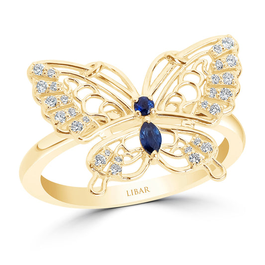 14KT Yellow Gold Blue Sapphire and 0.18ctw Diamond Butterfly Ring size 7