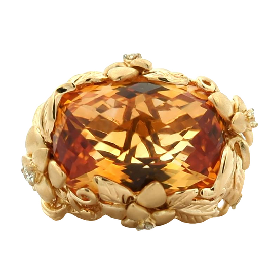18KT Yellow Gold Natural Citrine and 0.30ctw Diamond Fancy Floral Estate Ring size 8