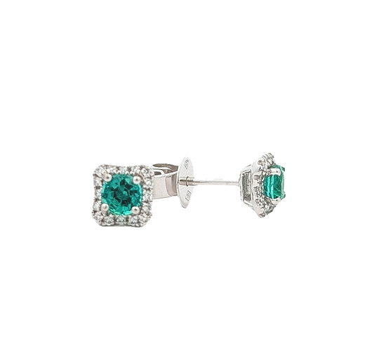 18KT White Gold Emerald and 0.11ctw Diamond Stud Earrings