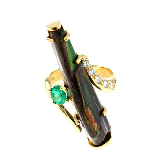 18KT Yellow Gold Ammolite, Emerald and 0.36ctw Diamond Estate Ring size 9