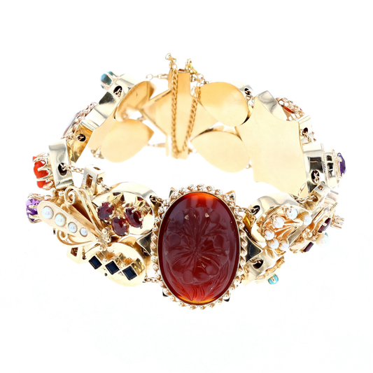 14KT Yellow Gold Coloured Stones, Pearl and Cameo 7.5" Estate Bracelet