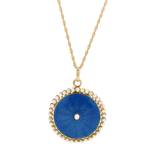18KT Yellow Gold Enamel and Pearl Locket 18" Estate Necklace