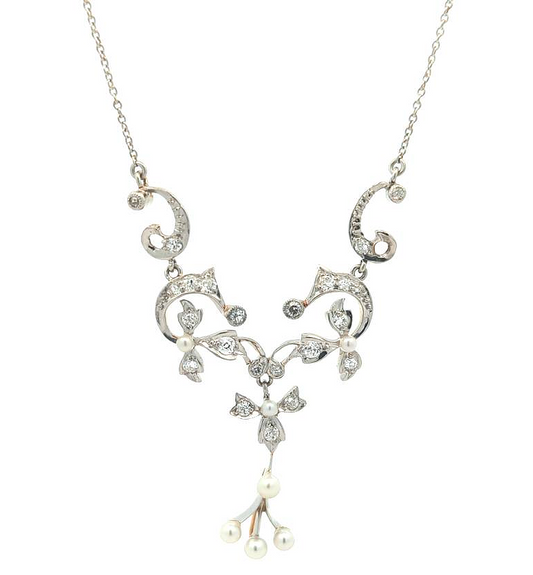 Platinum and 14KT Yellow Gold Akoya Pearl and 0.76ctw Diamond Estate Floral Necklace