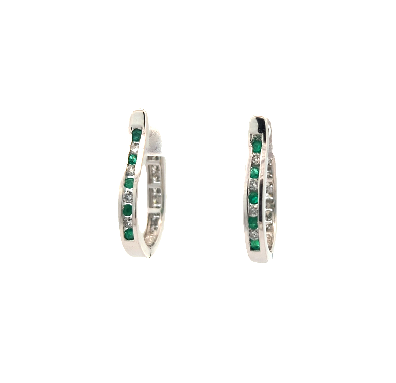 14KT White Gold Natural Emerald and 0.49ctw Diamond Estate Hoop Earrings