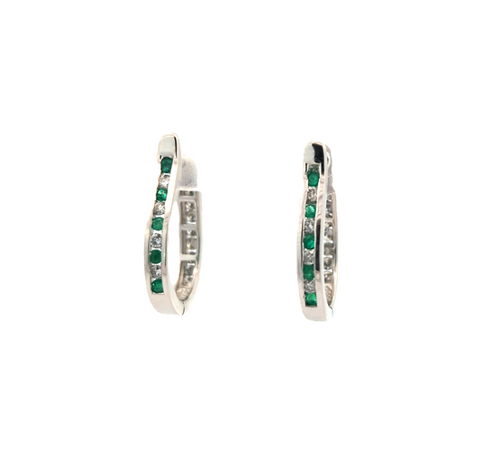 14KT White Gold Natural Emerald and 0.49ctw Diamond Estate Hoop Earrings
