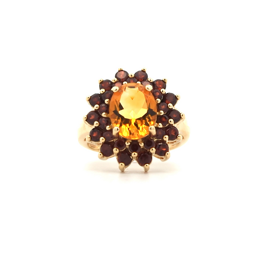 10KT Yellow Gold Natural Almandite Garnet and Natural Citrine Quartz Estate Cluster Ring size 6